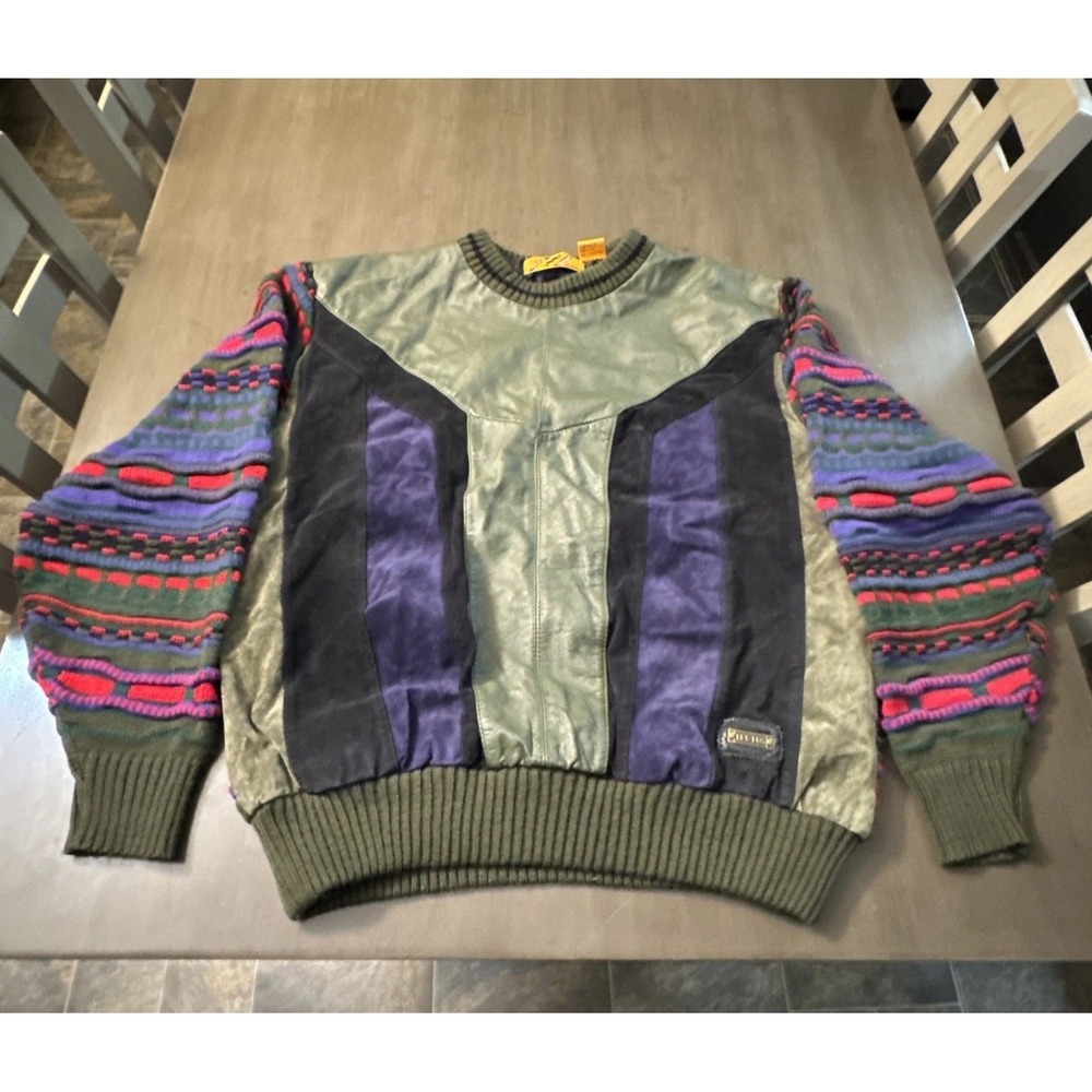 Vintage 90s Trutus COOGI Style 3D Knit & Leather Colorful Sweater Sz L